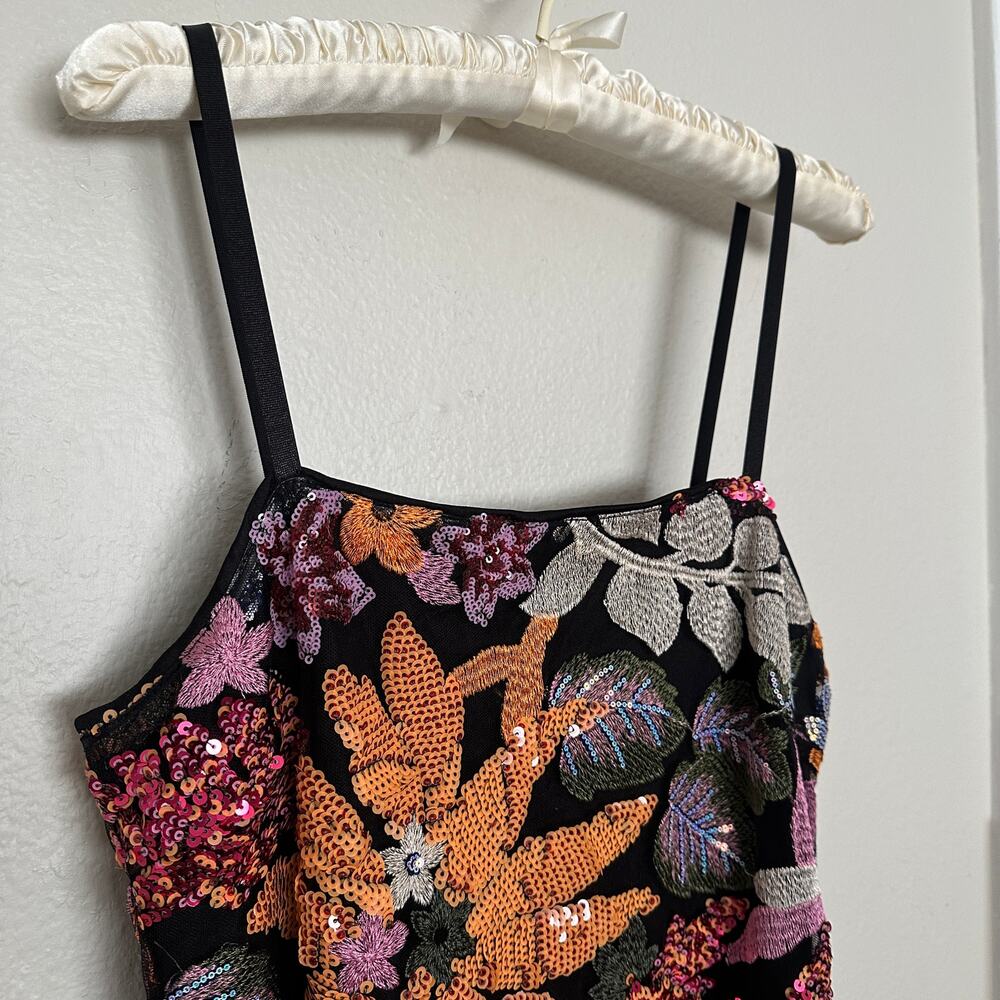 Cute Small Boutique Sequin Floral Mini Dress Sleeveless Black Orange Pink - Picture 3 of 10